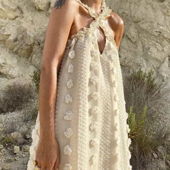 NWT BOHEMIAN BEACH VACATION RESORT LONG POM POM MAXI DRESS SIZE: SMALL-LARGE - Picture 8 of 16